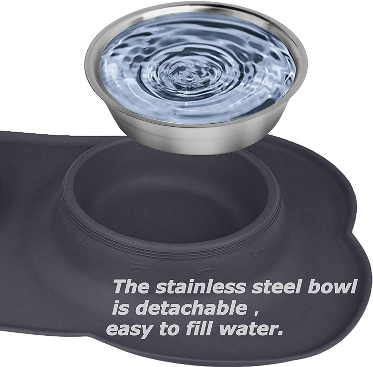 Double Dog Bowls, Pet Stainless Steel Water Bowl,3 in 1 Dog Slow Feeder with Non-Spill Silicone Tray Bone Shape Non-Slip Mat