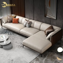Modern Corner Lounge Sofas: Smooth Genuine Leather 4 Seater Down Couch