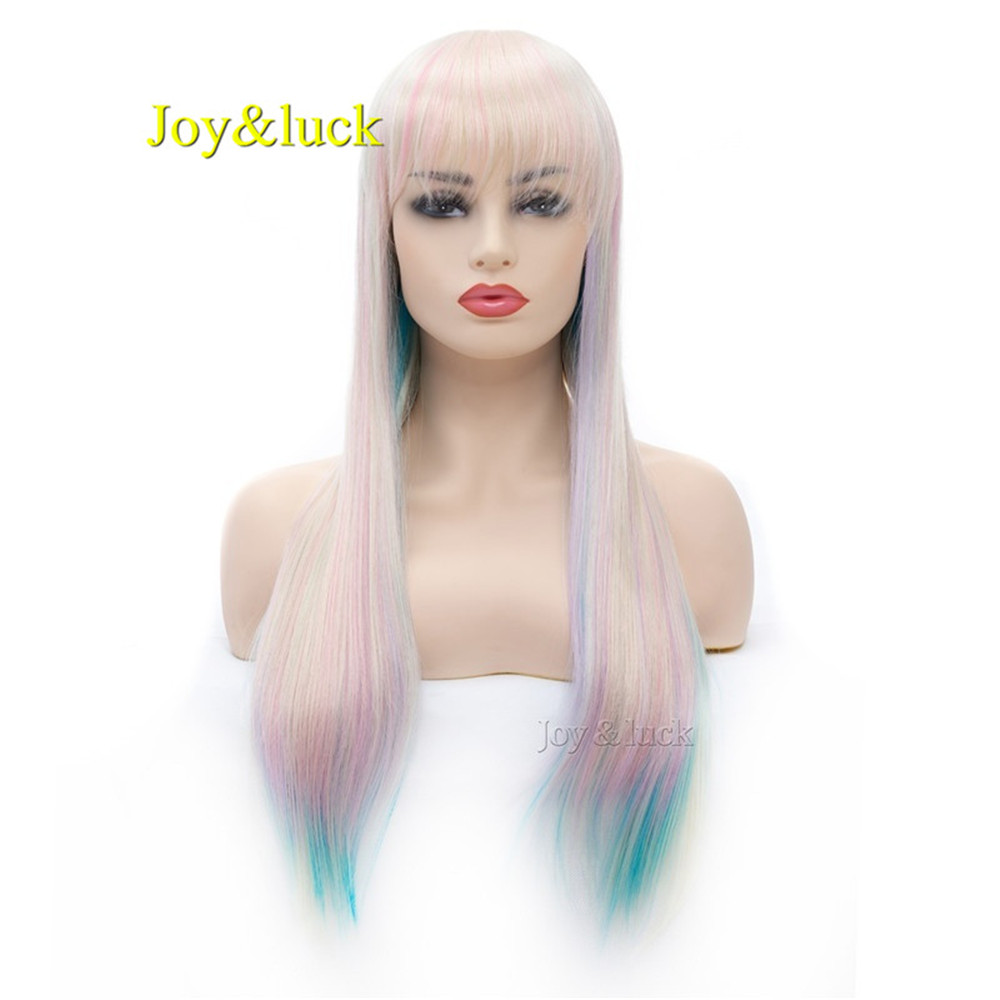 Long Straight Wig 24 inch Blonde Rainbow Colored Synthetic Wigs for Women Daily or Cosplay Wig Hair Style