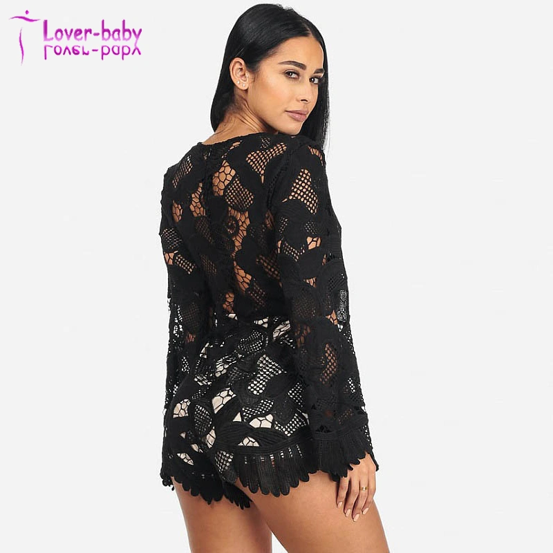 Women Stylish Black Crochet Bell Sleeve Lace up Neck Romper