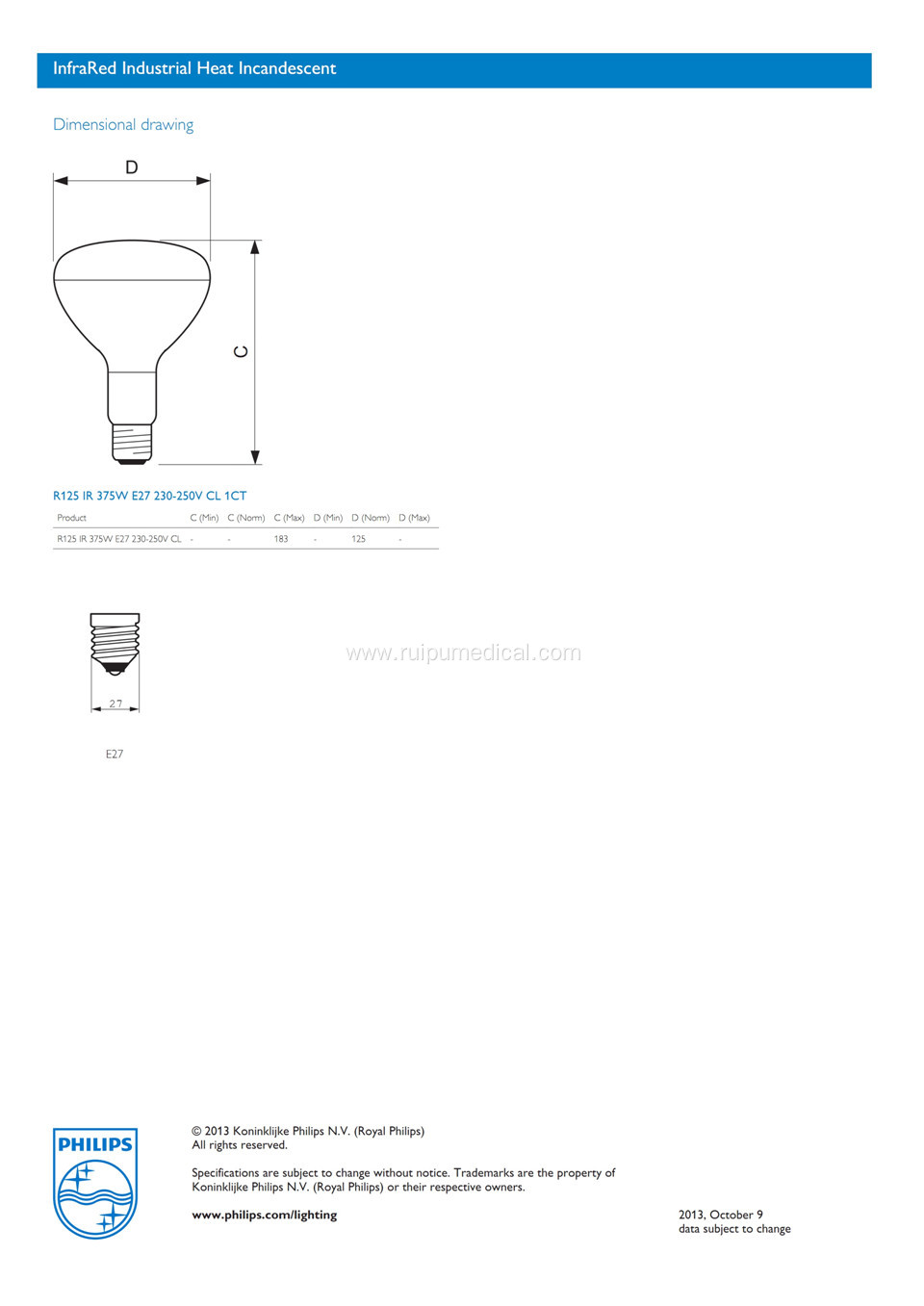 PHILIPS R125 IR Red 375W 230V E27 ES