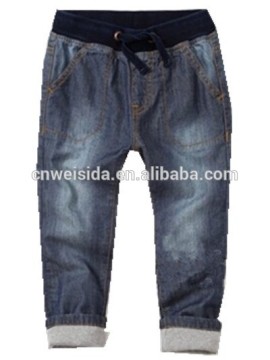 denim pants with rib waist ,enzyme and stone washed
