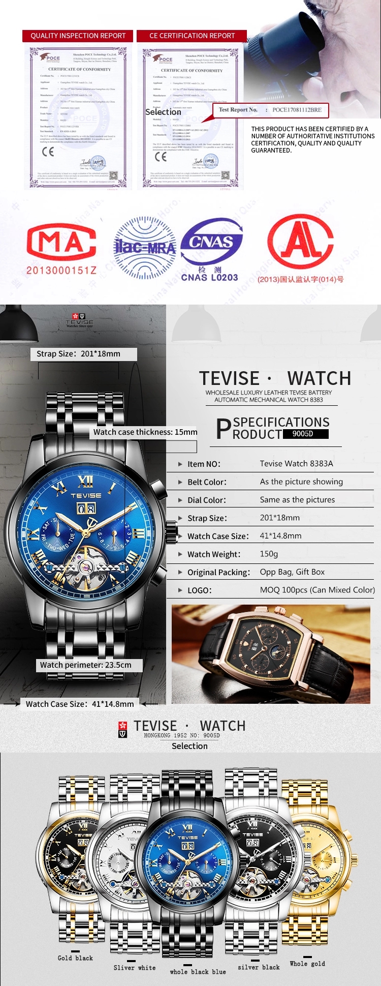 TEVISE Watch 9005 Fashion Business Clock العسكرية الرياضة التلقائية المعصم الفولاذ المقاوم للصدأ للماء الميكانيكية الرجال ووتش