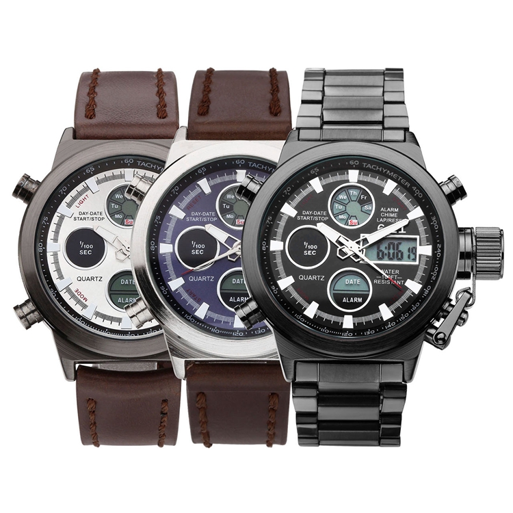 6.11 8158 Luxury Brands Men's Watch Double Display Gift Set Led Calendar Function Waterproof Fashion Steel Watch Men