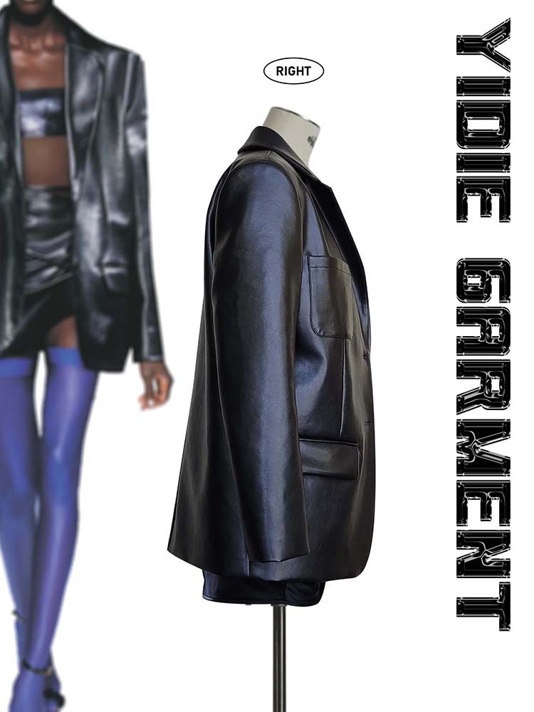 Oversize Broad-shouldered Leather Single-breasted Jacket