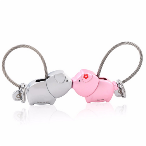 Double Heart Lovely Pig Pig Pasangan Keychain Trinket