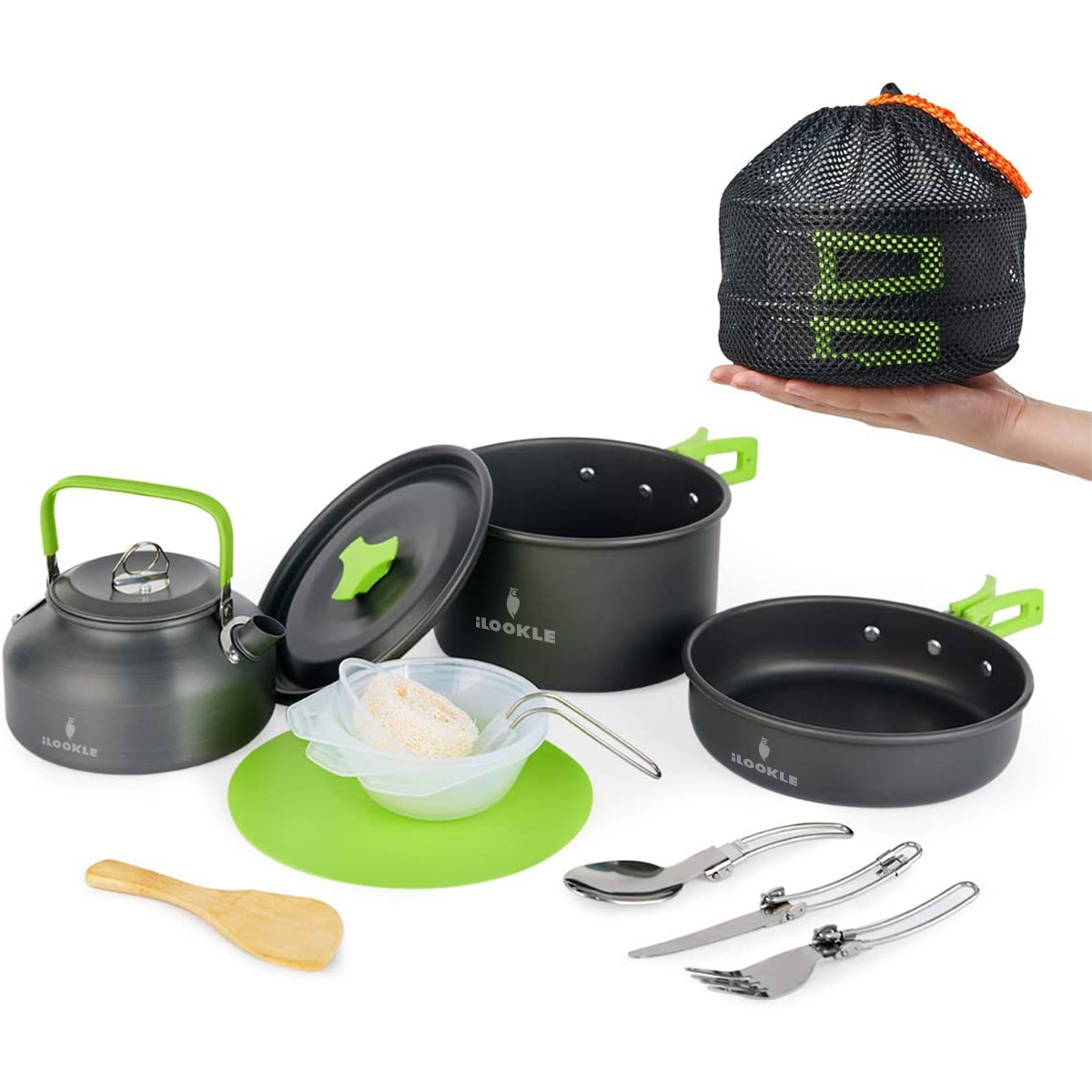 Portable Outside Camping Cookware Set ,12 Piece Camping Cooking Set Mess Kit with Pot Kettle Chopping Board Folding Tableware