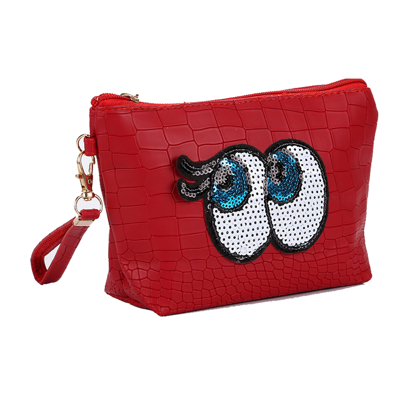 Funny Girls Fashion Cosmetic Bag Eyes Sequin Embroidery Patch Textured PU Lipstick Zipper Pouch Bag