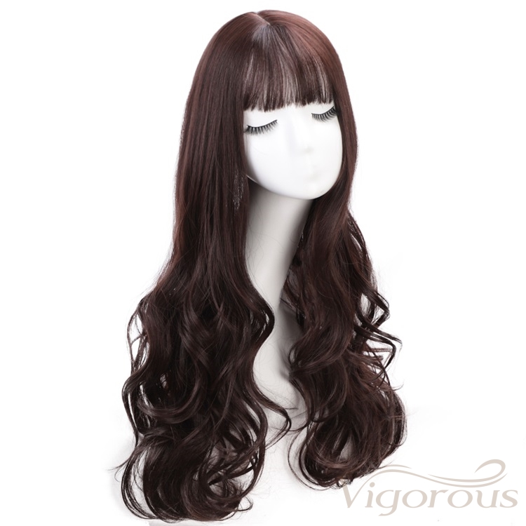 Vigorous Curly Wavy Synthetic Clip in Topper Ponytail Hair Extensions Synthetic Hairpiece with Air Bangs for Women
