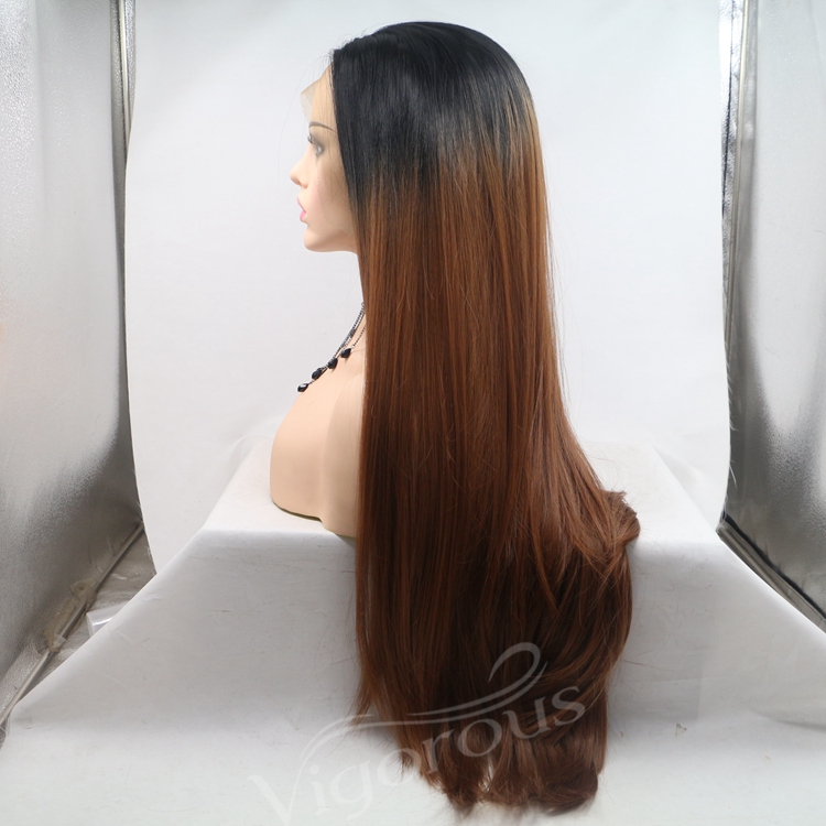 Vigorous brown ombre long straight premium high quality wholesale black women synthetic hair wigs with lace front