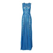 OEM blue elegant long sleeveless embroidery beaded formal evening dresses