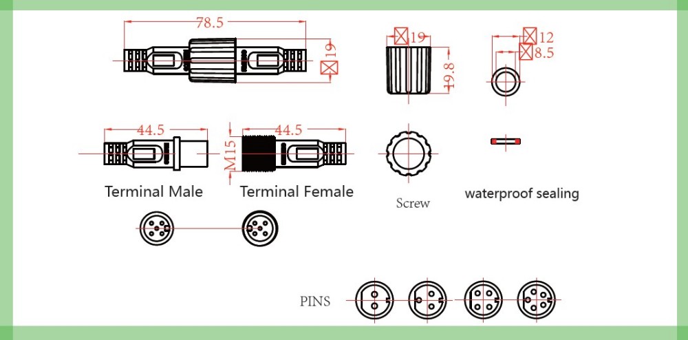 IP68 3 pin waterproof M15 low voltage power cable connector