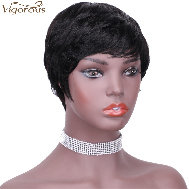 Vigorous Women Human Hair Wig Bob Hair Cut Pixie Side Part Black Fluffy  Human hair Wig Daily Use For Women