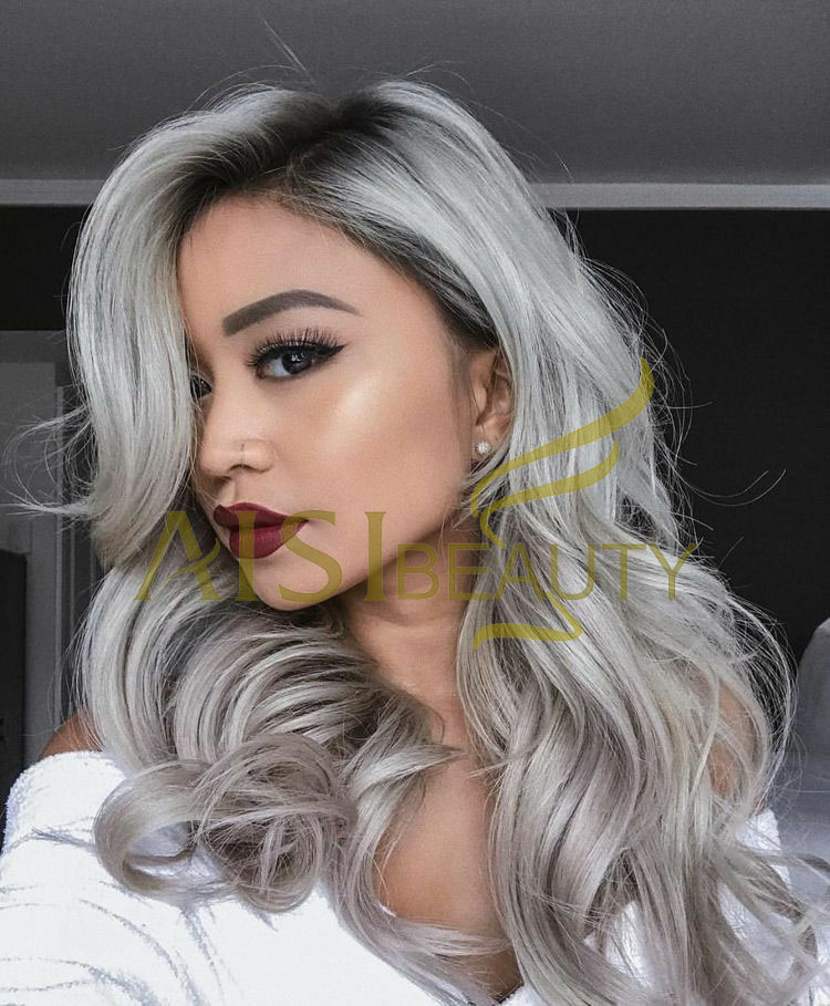 Aisi Beauty Wholesale Vendor Ombre Gray Big Curly Wave Wig Long Wavy Swiss Lace Synthetic Hair For Black Women Lace Front Wig