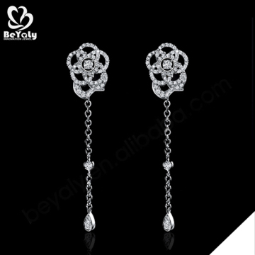 Beautiful women's cz flower stud silver long earrings