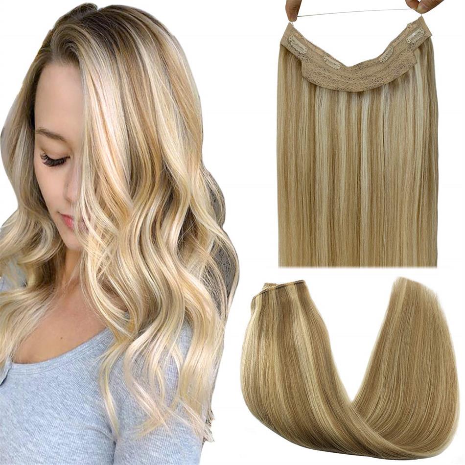 Drop shipping Own Band Remy Halo Hair Piece Highlight Color Silk Straight Real Brazilian Human Hair Halo Hair Extension