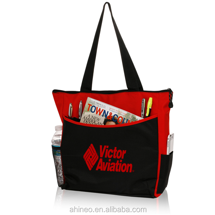 Wholesale Custom Recycled Trade Show 600 Denier Polyester Canvas Tote Bag With Outside Pockets