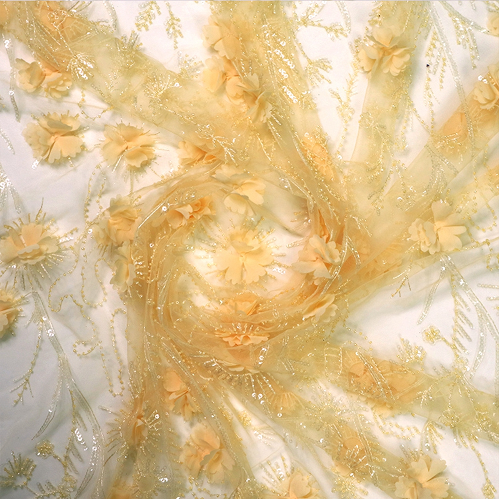 Ligth الأصفر شبكة الرباط الزهور الترتر النسيج