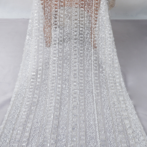 white sequin beaded embroidery fabric mesh lace fabric