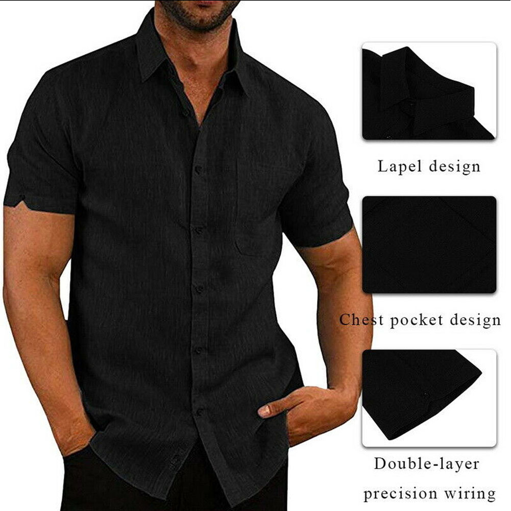 Mens Linen Blouse Short Sleeve Summer Solid Comfortable Pure Cotton And Linen Casual Loose Holiday Shirts