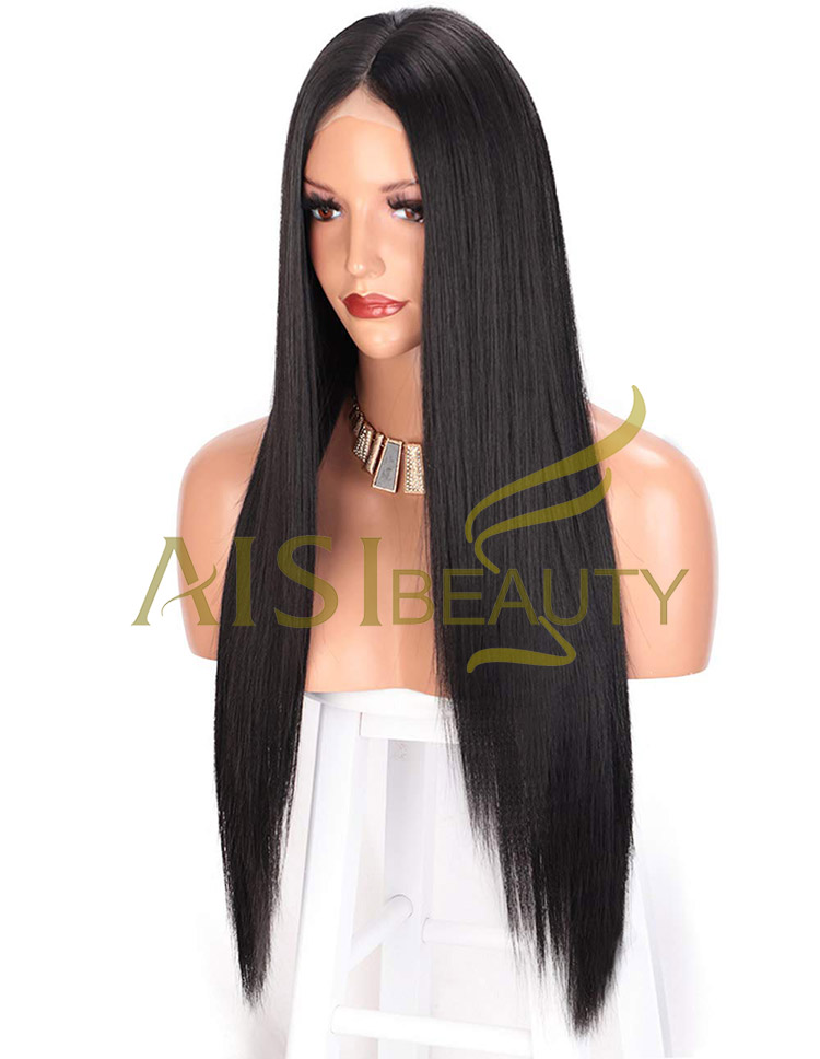 Aisi Beauty High Quality Vendor Cheap Long Straight Natural Black Wig Swiss Lace Synthetic Hair For Black Women Lace Front Wig