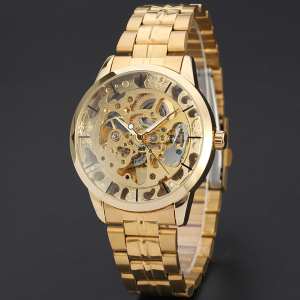 golden skeleton men watch alloy case watch with stainless steel band