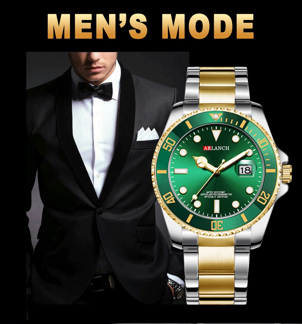 ARLANCH A306 New Water Ghost Series Classic Green Dial Luxury Men Not Automatic Watches Stainless Steel Waterproof Quartz Watch