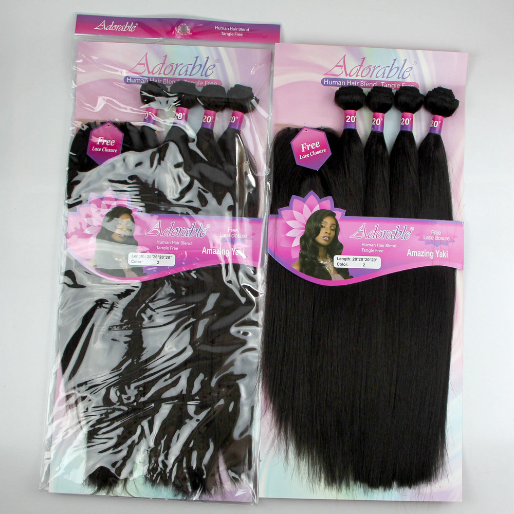 Adorable pack hair 4 bundles braiding hair extension and a closure, Yaki straight protein fiber hair weave 20"22"