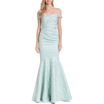 OEM beautiful blue brocade off the shoulder trumpet full length dresses for prom
