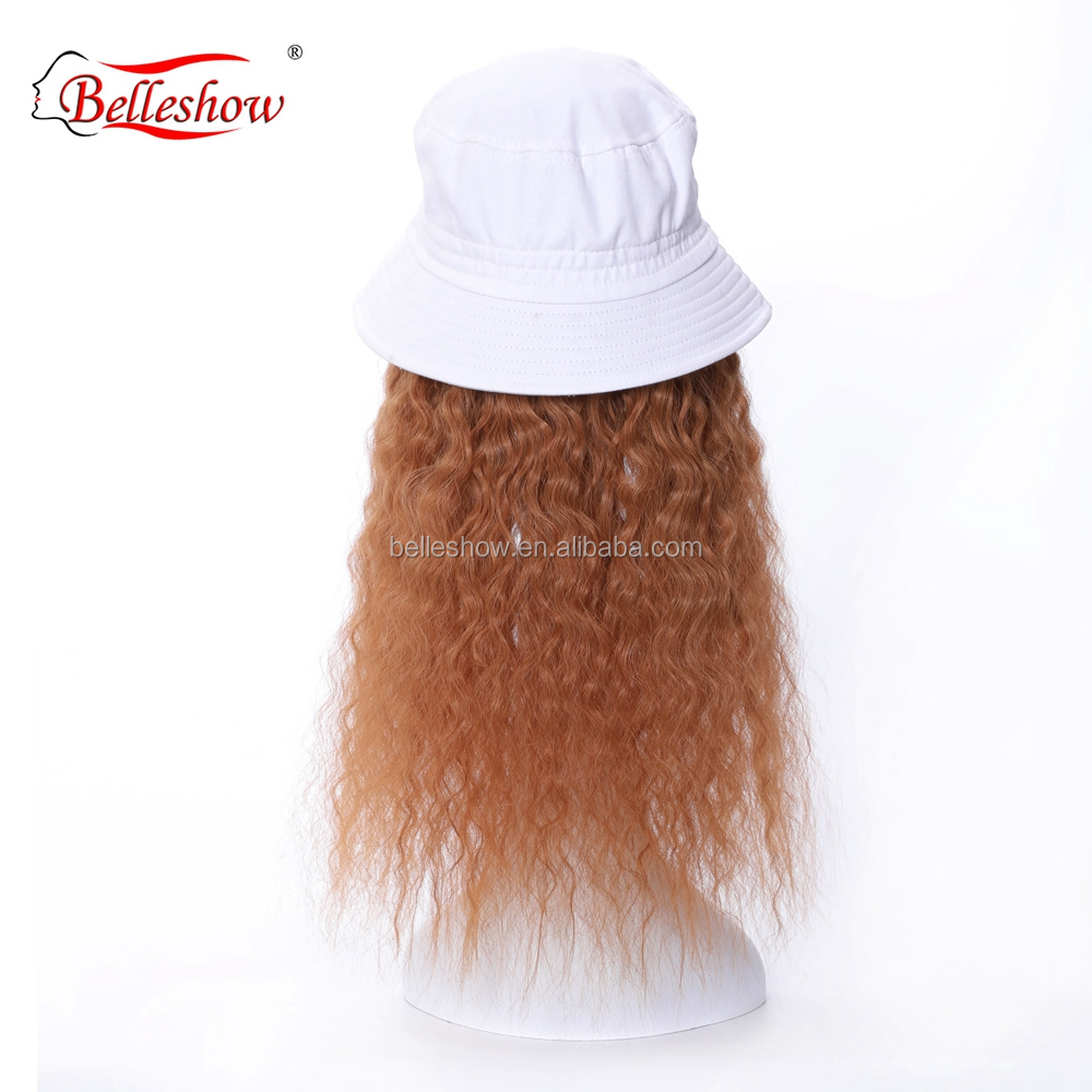 Hot sell fisherman's hat wig wool ring light brown long curly hat wig head set real hair mix black hat human and synthetic hair