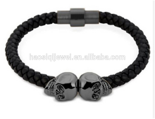 2018 black plated the north skull metal charm black leather men skull bracelet for wholesale