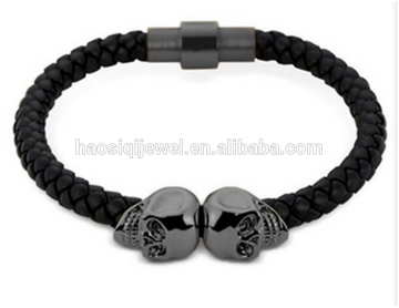 2018 black plated the north skull metal charm black leather men skull bracelet for wholesale