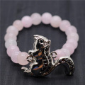 Pulsera de piedras preciosas elástica y cuentas redondas de cuarzo rosa 8 mm con ardilla de aleación Diamante