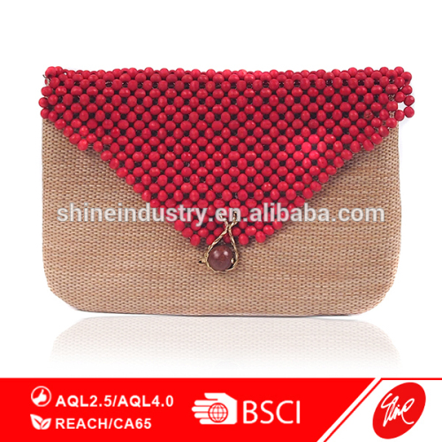 Red Beads Flap Accented Straw Clutch Bag