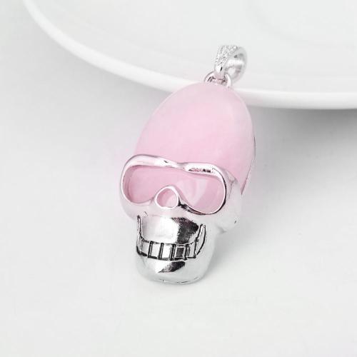 Rose Quartz Semi Precious stone Skull Alloy Pendant