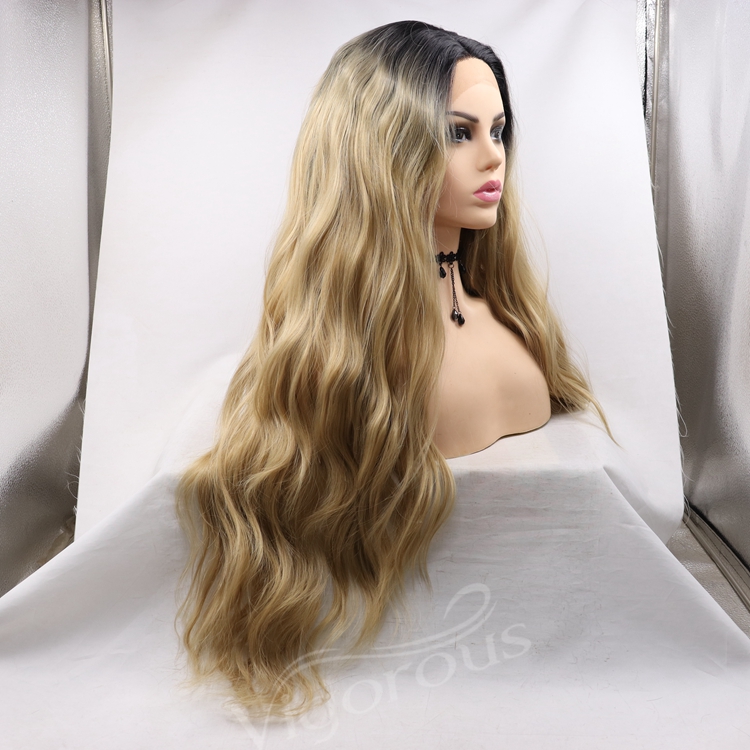 long ombre gold premium high quality afro kinky curly wholesale black women synthetic hair wigs lace front