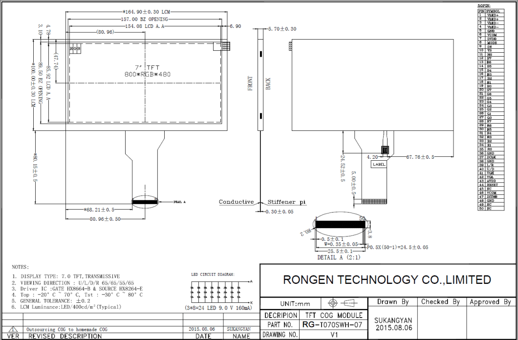Rg-T070swh-07 7inch LCD Screen 800*480 Car Monitor LCD Display