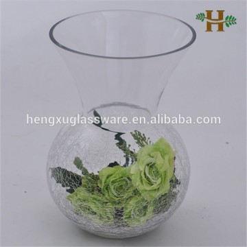 Flared opening clear glass vase, Half crackled table glass vase