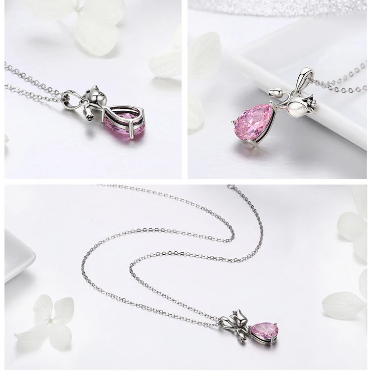 Romantic Rose Flower Pink Water Drop CZ 925 Sterling Silver Chain