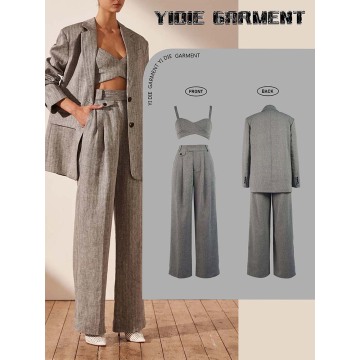 Non-stretchy Herringbone Wide-leg High Waisted Suit Pants