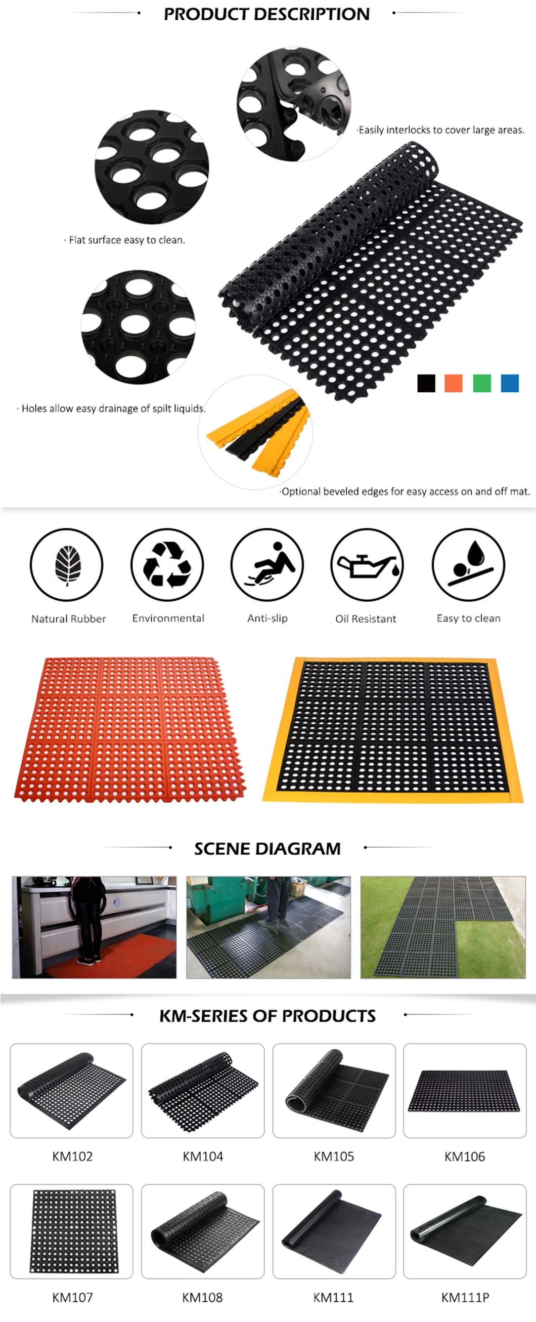 High Quality Interlocking Deck Rubber Anti Slip Drainage Mat 3*3