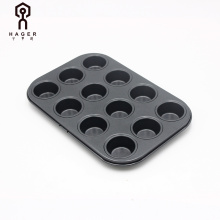 Panela de muffin antiaderente 12 xícaras de aço carbono preta