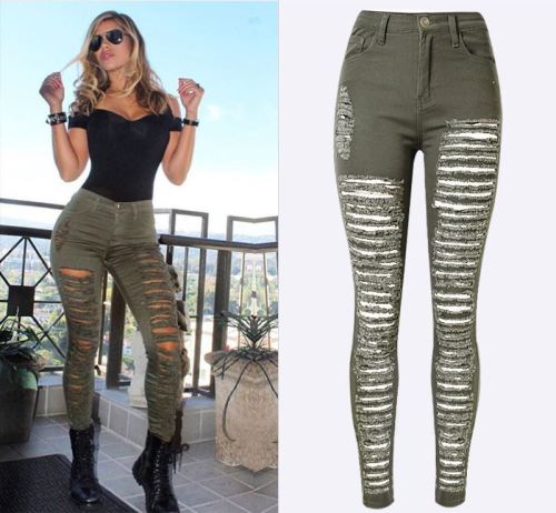 RM1604 Women's Distressed Ripped Denim Pencil Jeans Stretch