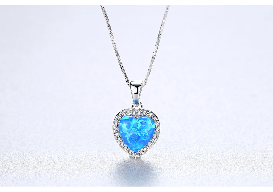 New Cubic Zirconia 925 Sterling Silver Heart Opal Pendant Necklace