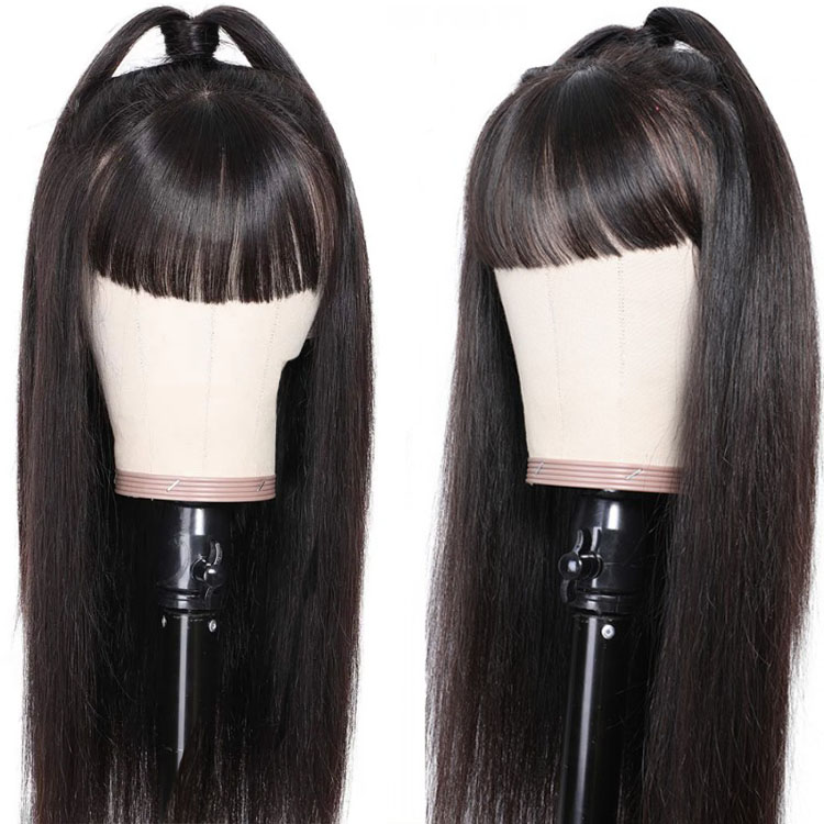 Lsy Long Silky Straight 360 Frontal Full Lace Wigs With Front Chic Bangs Fringe 150% Density 100% Indian Human Hair Wigs