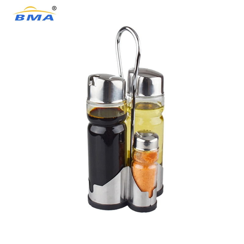 Kitchen Stainless Steel Stand Glass Cruet Condiment Set Salt Pepper Shaker Oil and Vinegar Dispenser