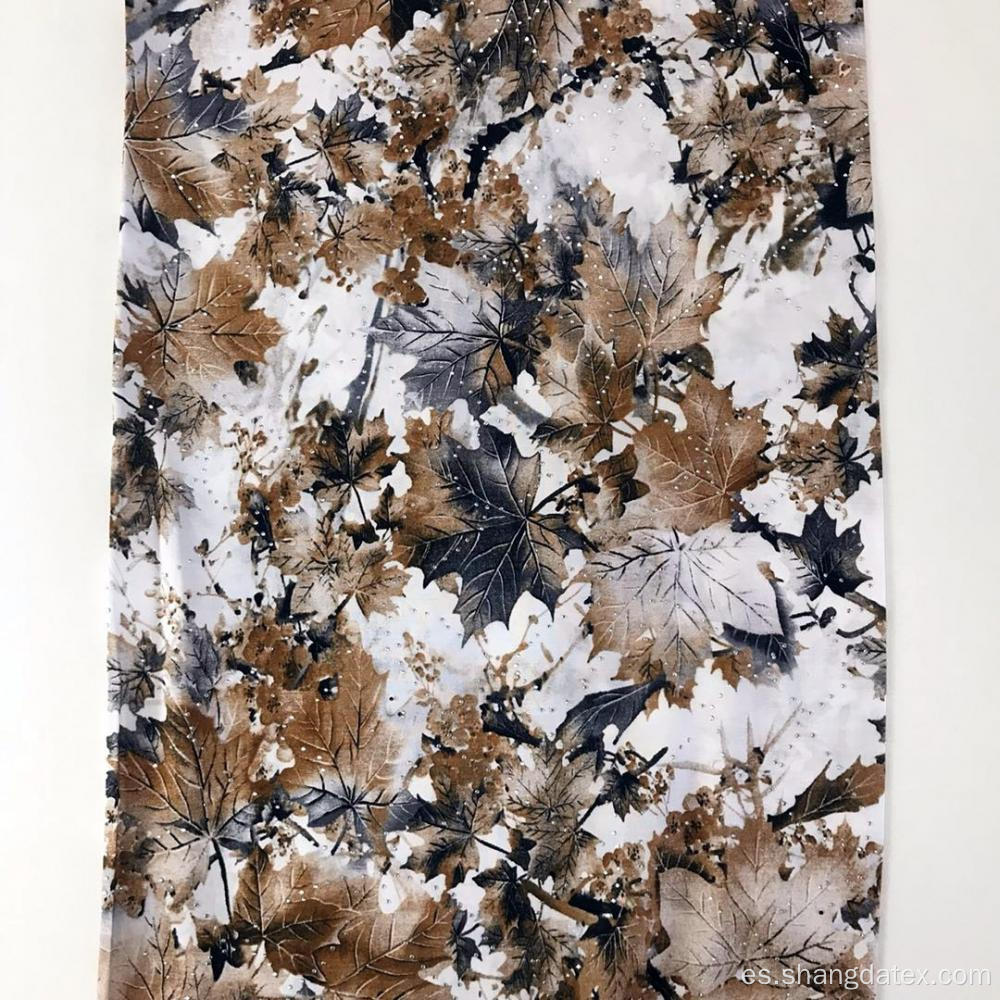 Leaf Design Rayon Semi-Digital Super Fabric con piedra