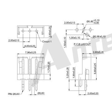 풋 커넥터 시리즈와 함께 2.00mm 피치 180 ° 웨이퍼