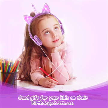 Fone de ouvido infantil unicórnio com fio com LED