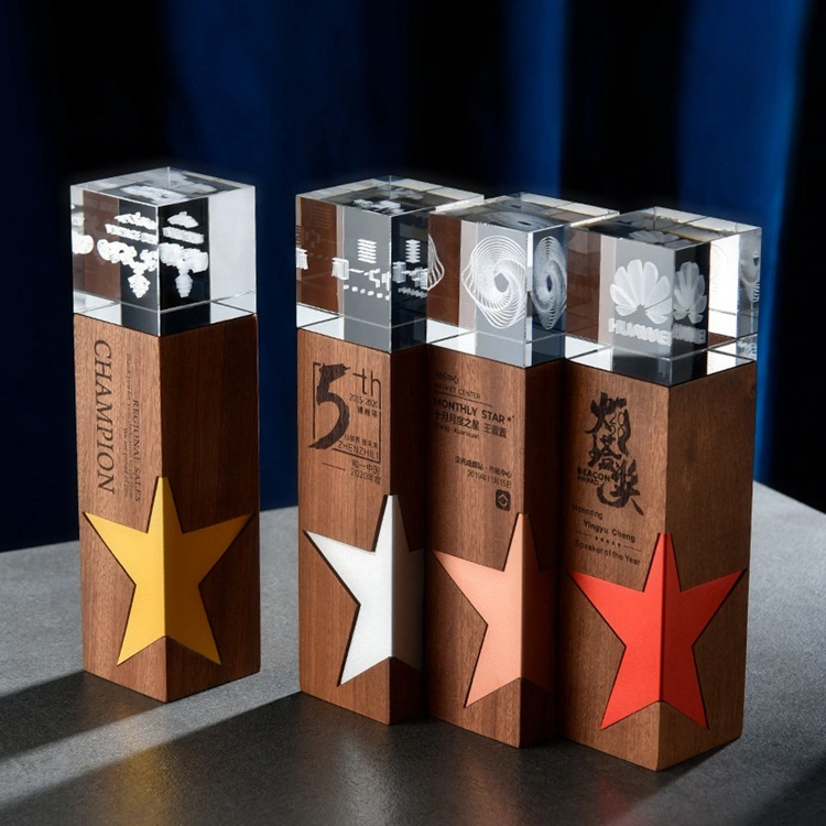 Engraved Logo Wooden Block Trophy and Crystal Obelisk Wood Plaques Awards